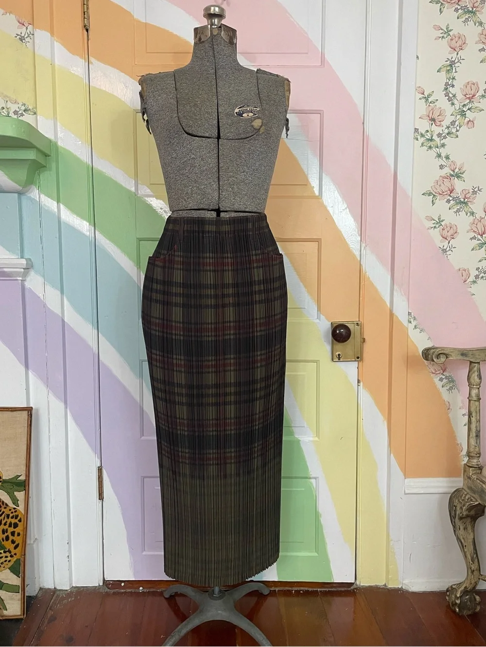 Issey Miyake Pleated Plaid Maxi Skirt Contrast Stitching Japan Sz L 🧡🎀
